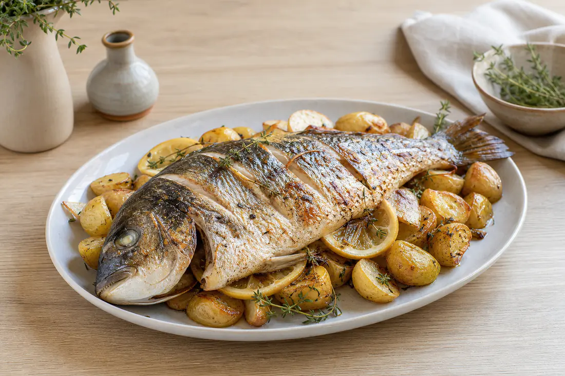 Dourada inteira assada com a pele dourada, fatias de limão e ramos de tomilho no prato, com batatas