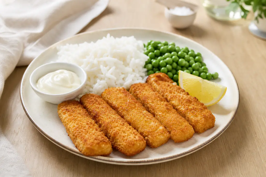 Douradinhos de peixe dourados e crocantes, alinhados num prato com arroz branco, ervilhas e uma taça de maionese