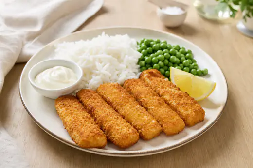 Douradinhos de peixe dourados e crocantes, alinhados num prato com arroz branco, ervilhas e uma taça de maionese