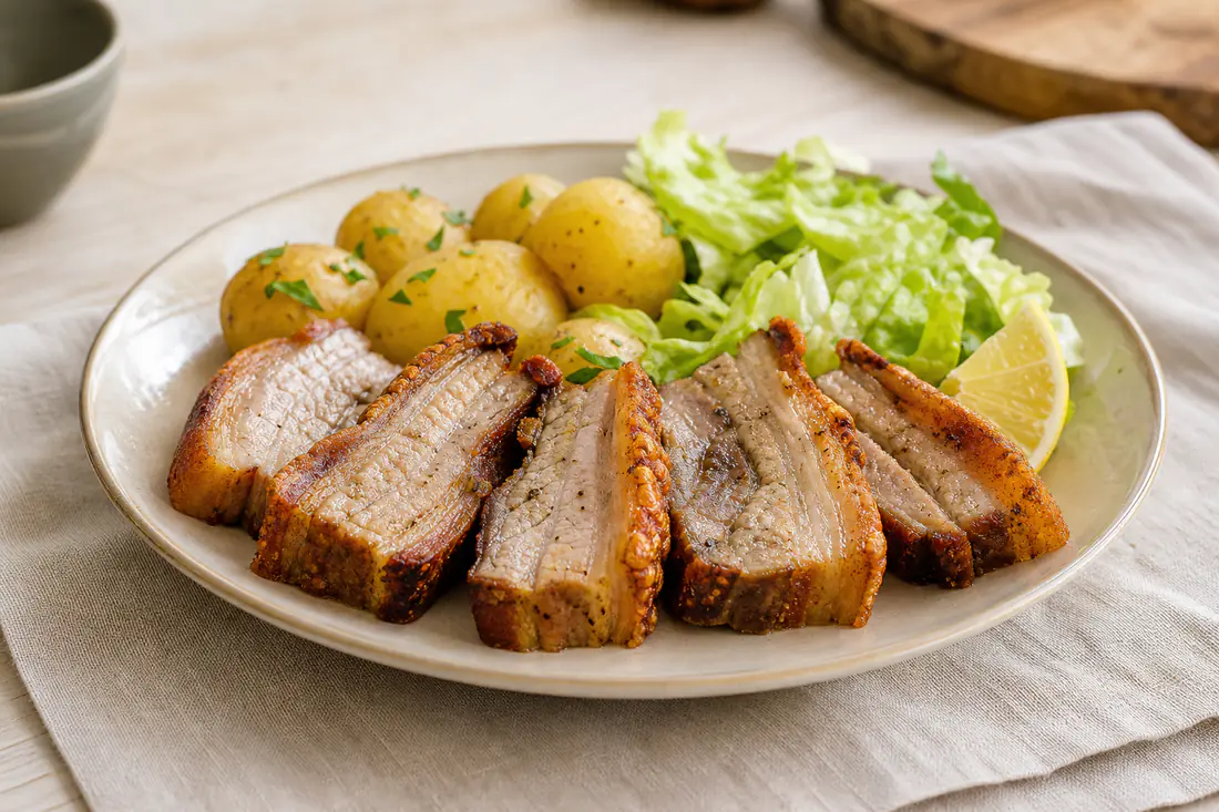 Fatias de entremeada de porco douradas e crocantes, com camadas de gordura, servidas com batatas cozidas e salada de alface