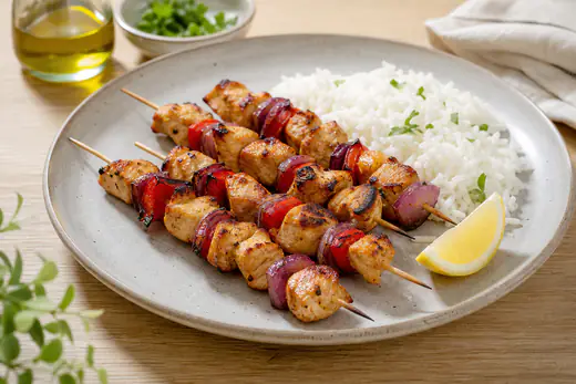 Espetadas de frango com pimentos e cebola, douradas, num prato com arroz branco e uma rodela de limão