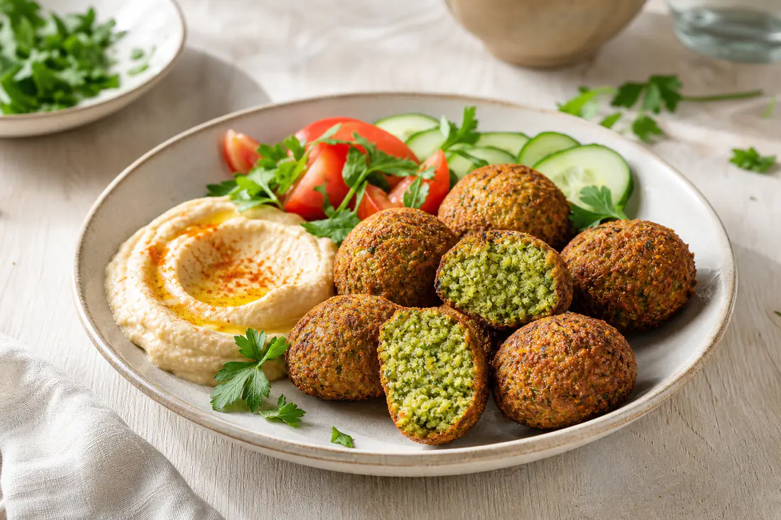 Bolinhas de falafel douradas, uma delas cortada ao meio a mostrar o interior verde, servidas com húmus, pepino e tomate num prato
