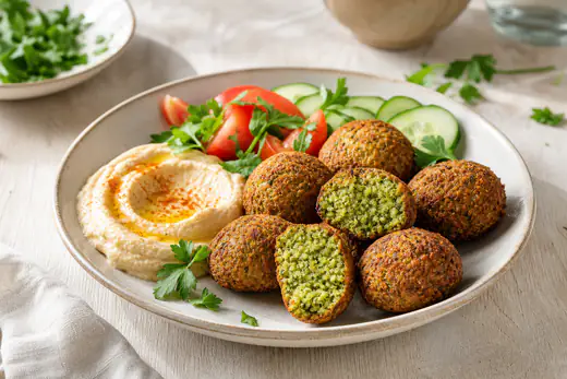 Bolinhas de falafel douradas, uma delas cortada ao meio a mostrar o interior verde, servidas com húmus, pepino e tomate num prato