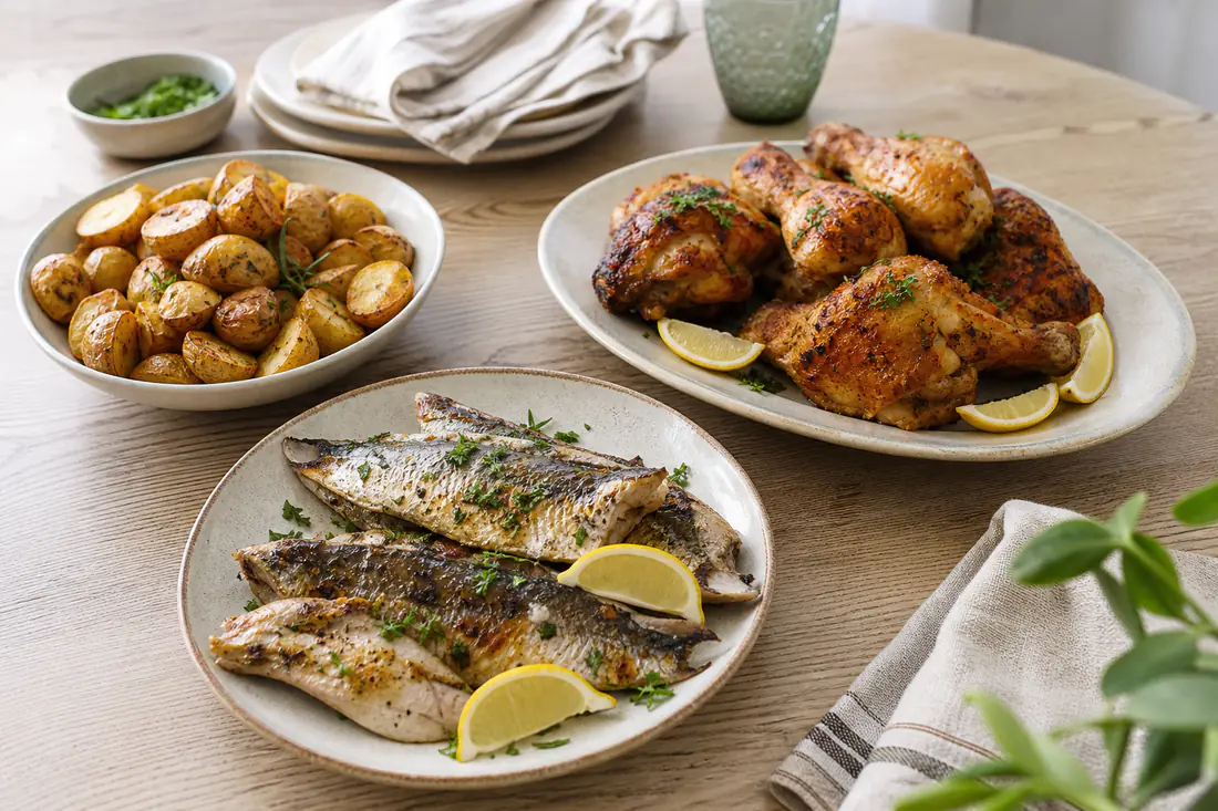 Mesa de uma cozinha portuguesa com vários pratos feitos na airfryer: pernas de frango assadas, batatas e peixe grelhado