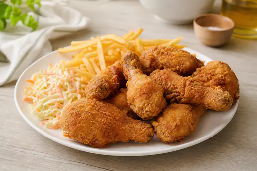 Coxas e sobrecoxas de frango com crosta dourada e crocante, servidas num prato com salada de couve e batatas fritas