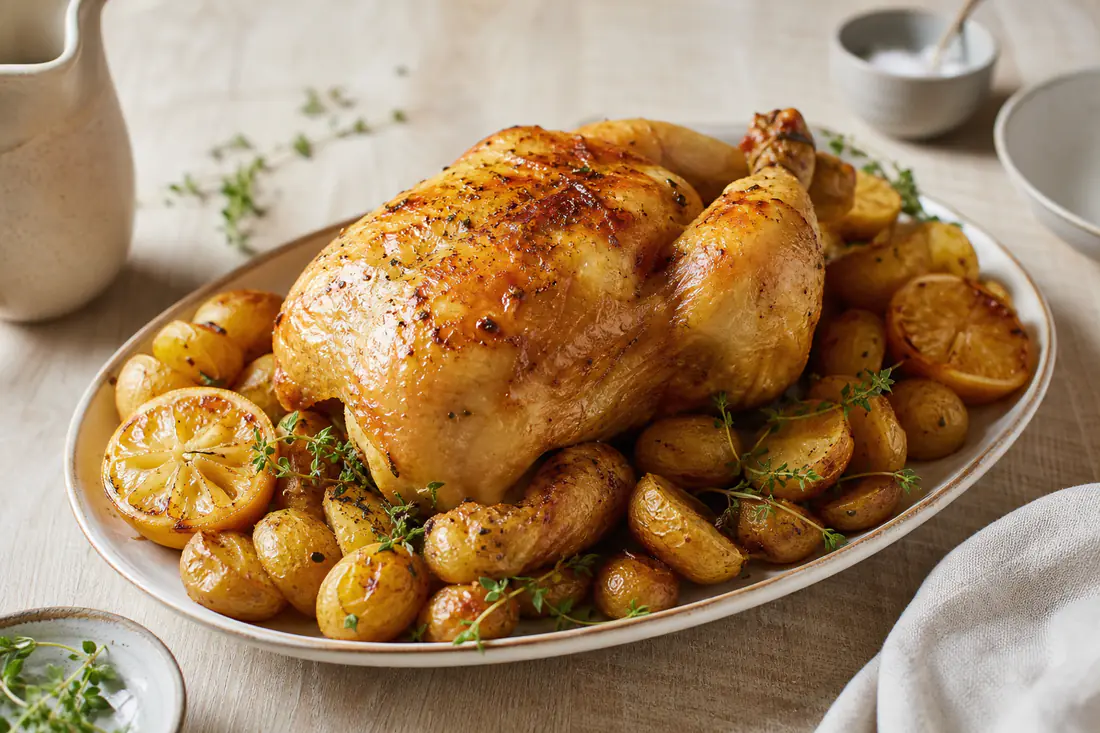 Frango inteiro assado com a pele dourada e crocante, numa travessa com batatas e raminhos de tomilho
