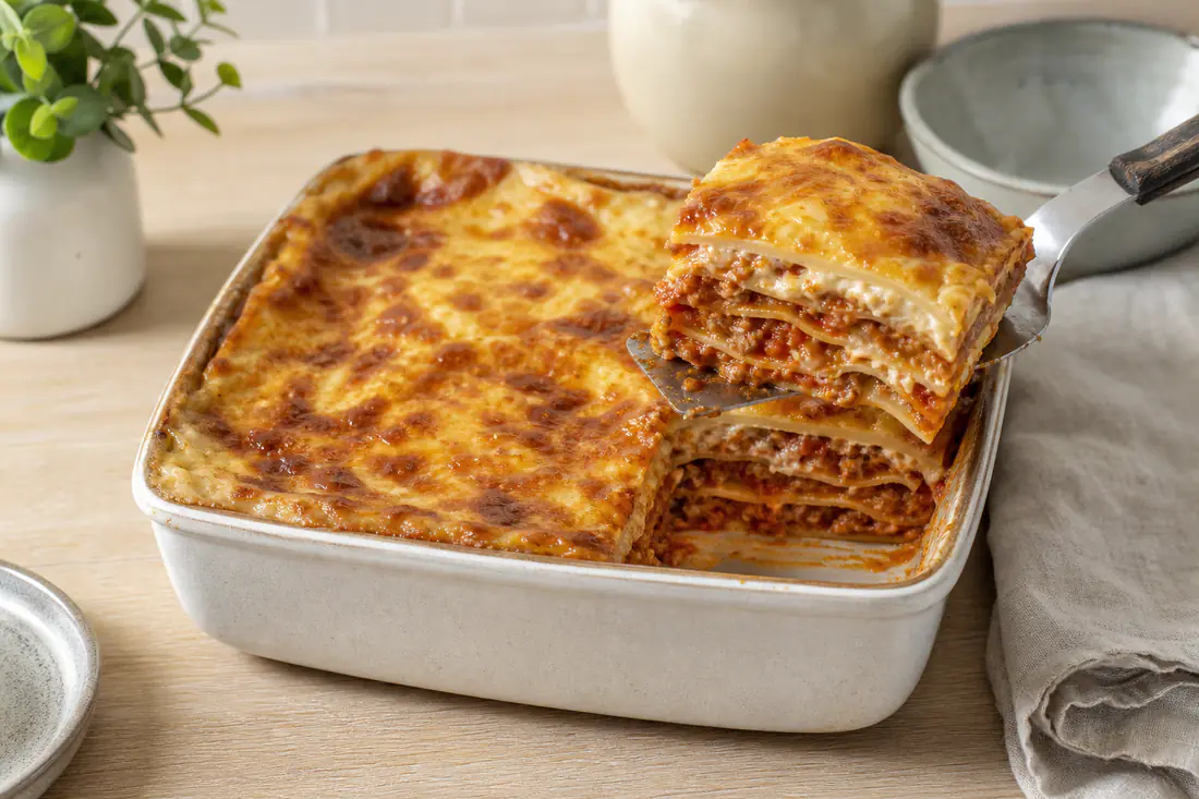Lasanha de carne gratinada numa forma pequena, com queijo dourado e uma fatia retirada a mostrar as camadas de massa, carne e bechamel