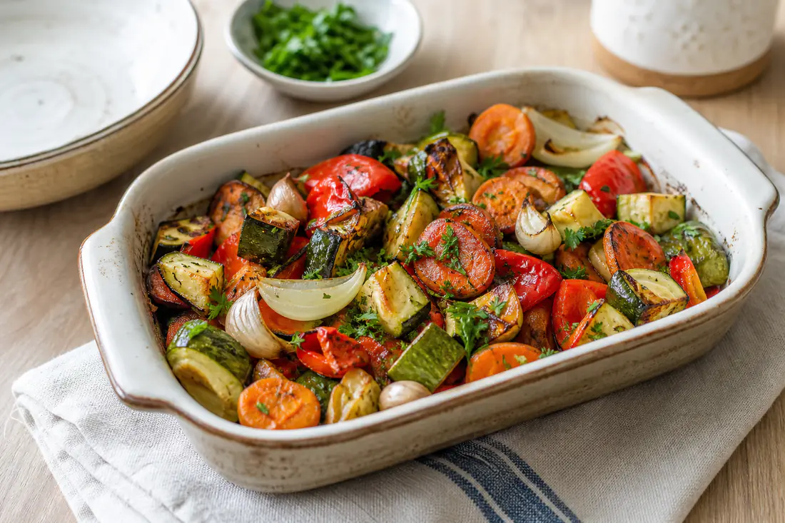 Travessa com legumes assados, cubos de cenoura, curgete, pimento vermelho e cebola, com cantos tostados e salsa picada por cima