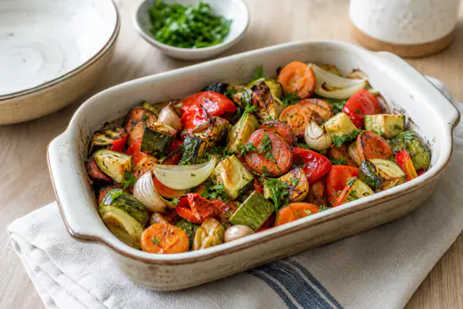 Travessa com legumes assados, cubos de cenoura, curgete, pimento vermelho e cebola, com cantos tostados e salsa picada por cima