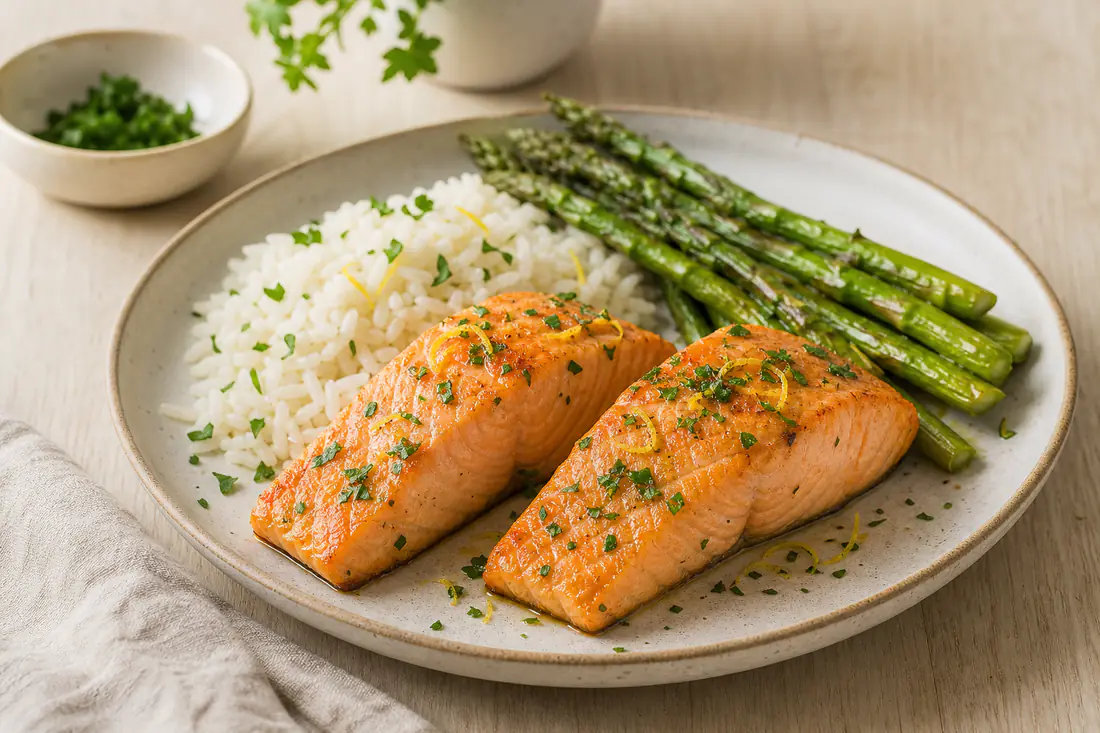 Dois lombos de salmão altos e dourados com raspa de limão e salsa, servidos com arroz e espargos