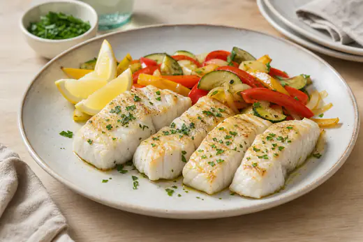 Quatro lombos de pescada assados, grossos e brancos, com salsa picada e gomos de limão, servidos com legumes salteados