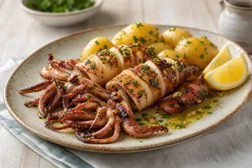 Lulas inteiras grelhadas com riscos dourados, regadas com azeite, alho e salsa, servidas com limão e batatas