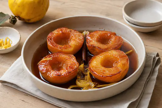 Metades de marmelo assado, macias e caramelizadas, numa forma com calda âmbar, pau de canela e casca de limão, sobre uma mesa de madeira