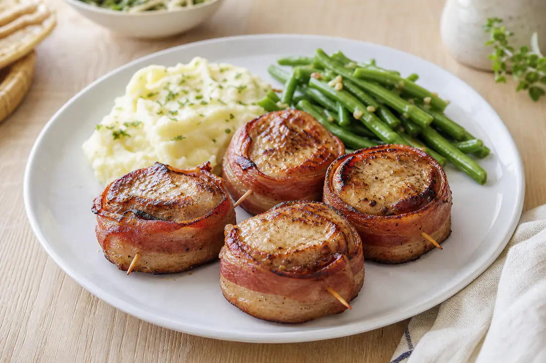 Quatro medalhões de porco enrolados em bacon dourado, servidos com puré de batata e feijão-verde num prato branco