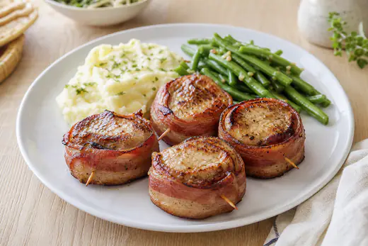 Quatro medalhões de porco enrolados em bacon dourado, servidos com puré de batata e feijão-verde num prato branco
