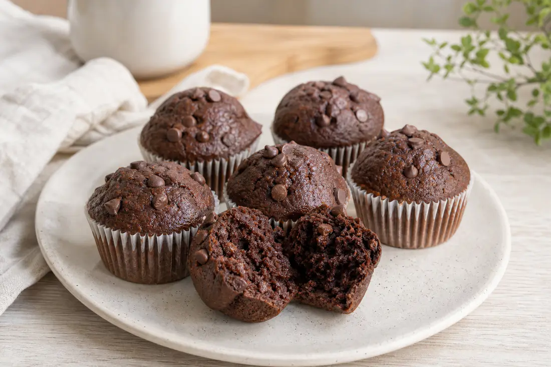 Seis queques de chocolate escuros com pepitas à vista, em forminhas de papel, num prato com um queque partido ao meio
