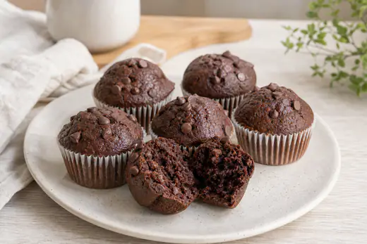 Seis queques de chocolate escuros com pepitas à vista, em forminhas de papel, num prato com um queque partido ao meio