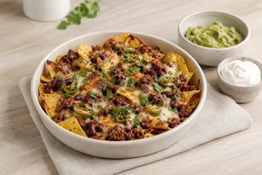 Nachos de milho gratinados com queijo derretido, carne picada, feijão, jalapeños e coentros, numa forma redonda, com guacamole ao lado