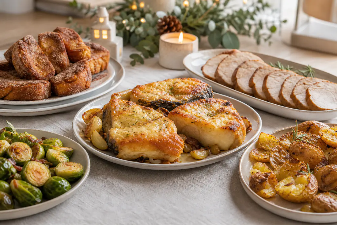 Mesa de Natal com postas de bacalhau douradas, lombo de porco fatiado, couves de Bruxelas, batatas a murro e rabanadas