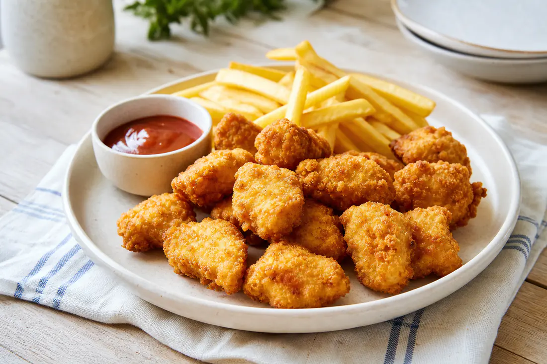 Nuggets de frango caseiros, dourados e crocantes, num prato com um pequeno bol de molho e batatas fritas