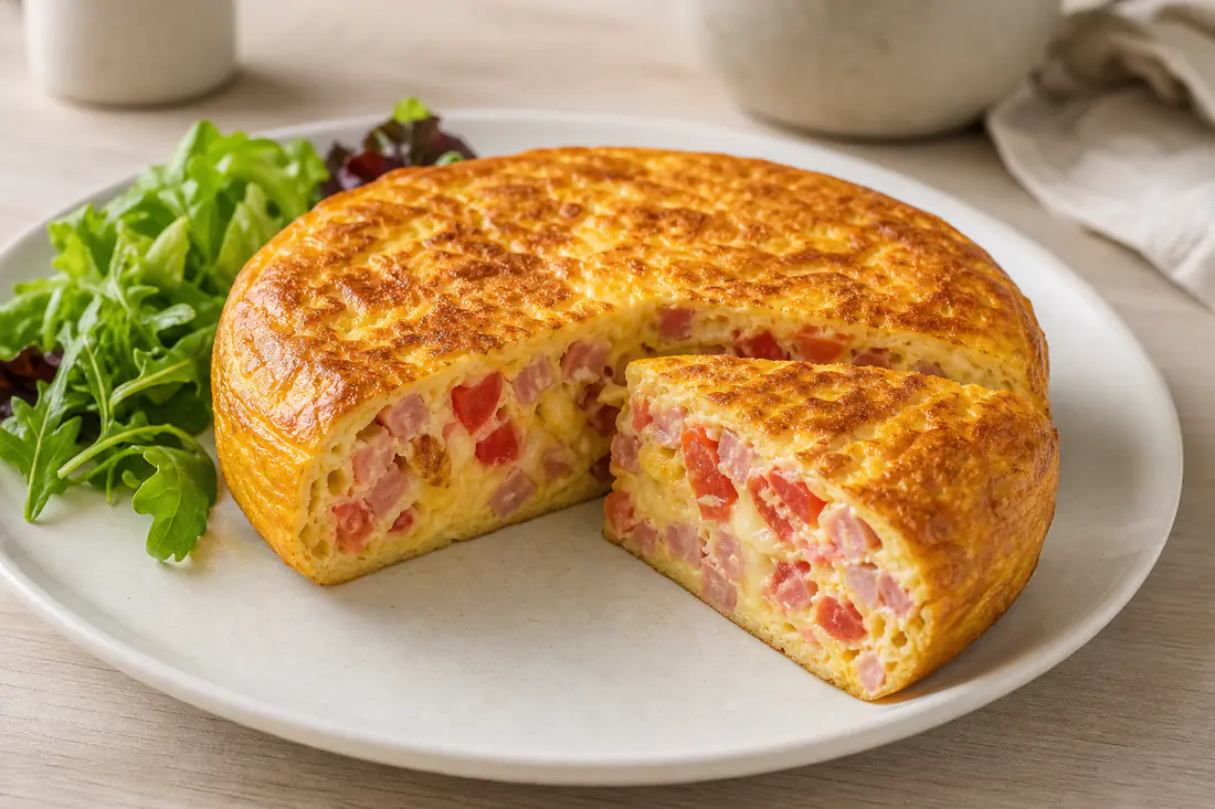 Omelete alta e dourada numa forma redonda, com pedaços de fiambre, queijo derretido e tomate, cortada em duas fatias