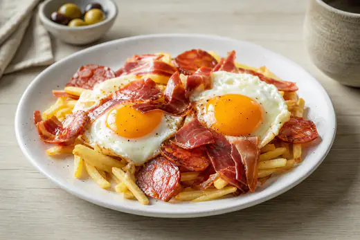 Prato de ovos rotos com batatas fritas douradas, dois ovos estrelados com a gema inteira e fatias de presunto crocante por cima