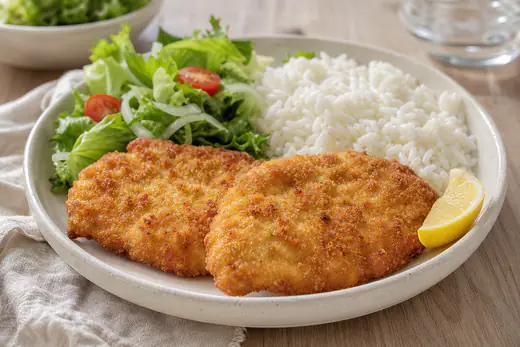 Bifes de frango panados, dourados e crocantes, num prato com arroz branco, salada de alface e uma rodela de limão