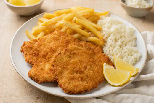 Bifes de porco panados, dourados e estaladiços, num prato com arroz branco, batatas fritas e gomos de limão