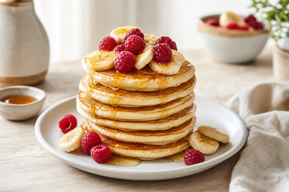 Pilha de panquecas americanas fofas e douradas com rodelas de banana, framboesas e um fio de mel num prato branco