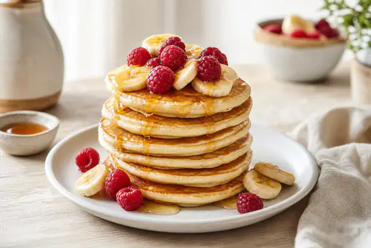 Pilha de panquecas americanas fofas e douradas com rodelas de banana, framboesas e um fio de mel num prato branco