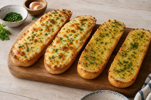 Metades de baguete com manteiga de alho dourada e salsa picada, uma com queijo derretido, numa tábua de madeira