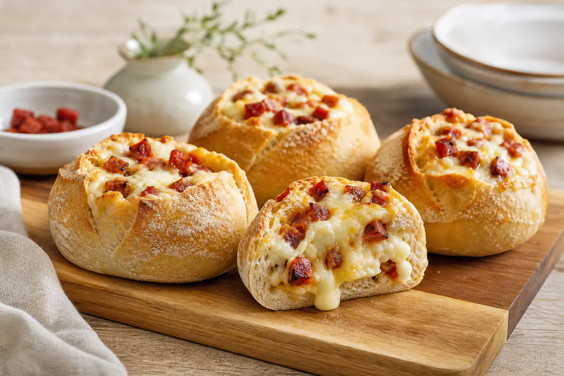 Papo-secos recheados de queijo derretido e pedaços de chouriço, um deles aberto a mostrar o recheio, numa tábua de madeira