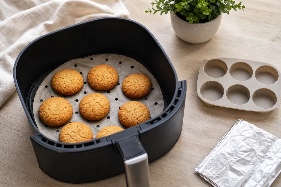 Cesto de airfryer forrado com papel vegetal perfurado, com bolachas douradas, ao lado de uma forma de silicone e uma folha de alumínio