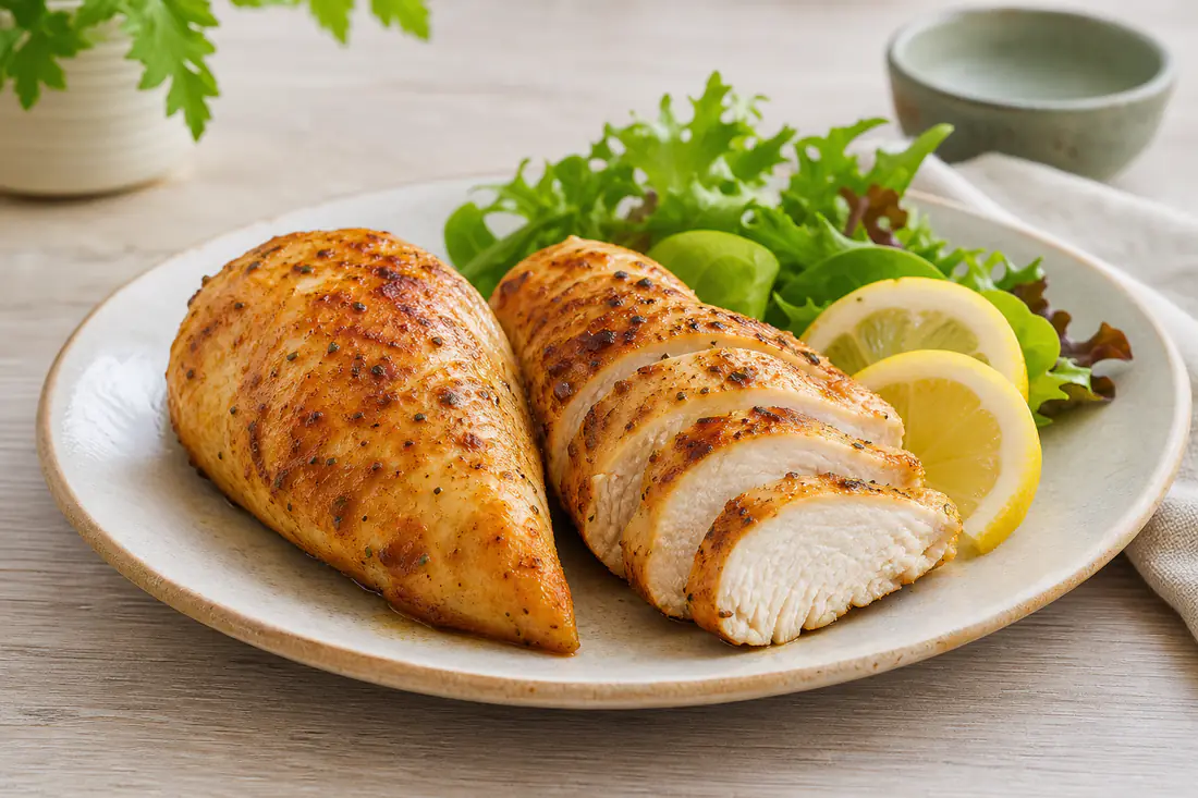 Dois peitos de frango dourados, cortados em fatias, num prato com salada verde e rodelas de limão
