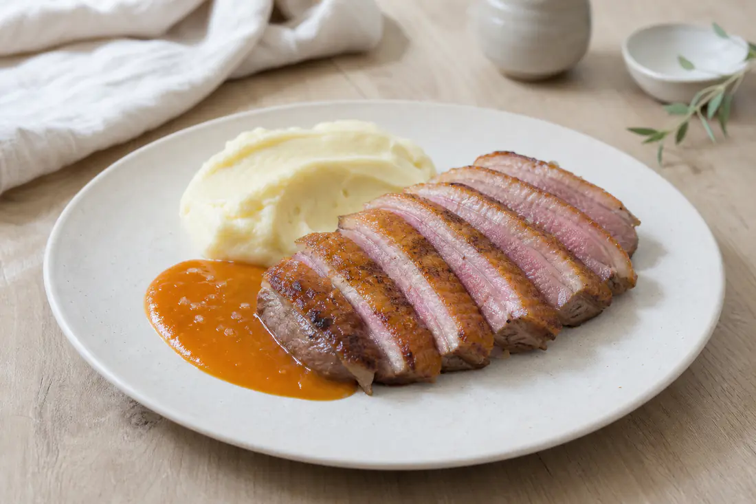 Magret de pato fatiado, com pele dourada e carne rosada, num prato com puré de batata e molho de laranja