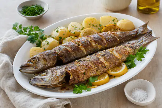Duas pescadas inteiras assadas, com a pele dourada, servidas com rodelas de limão, salsa fresca e batatas cozidas