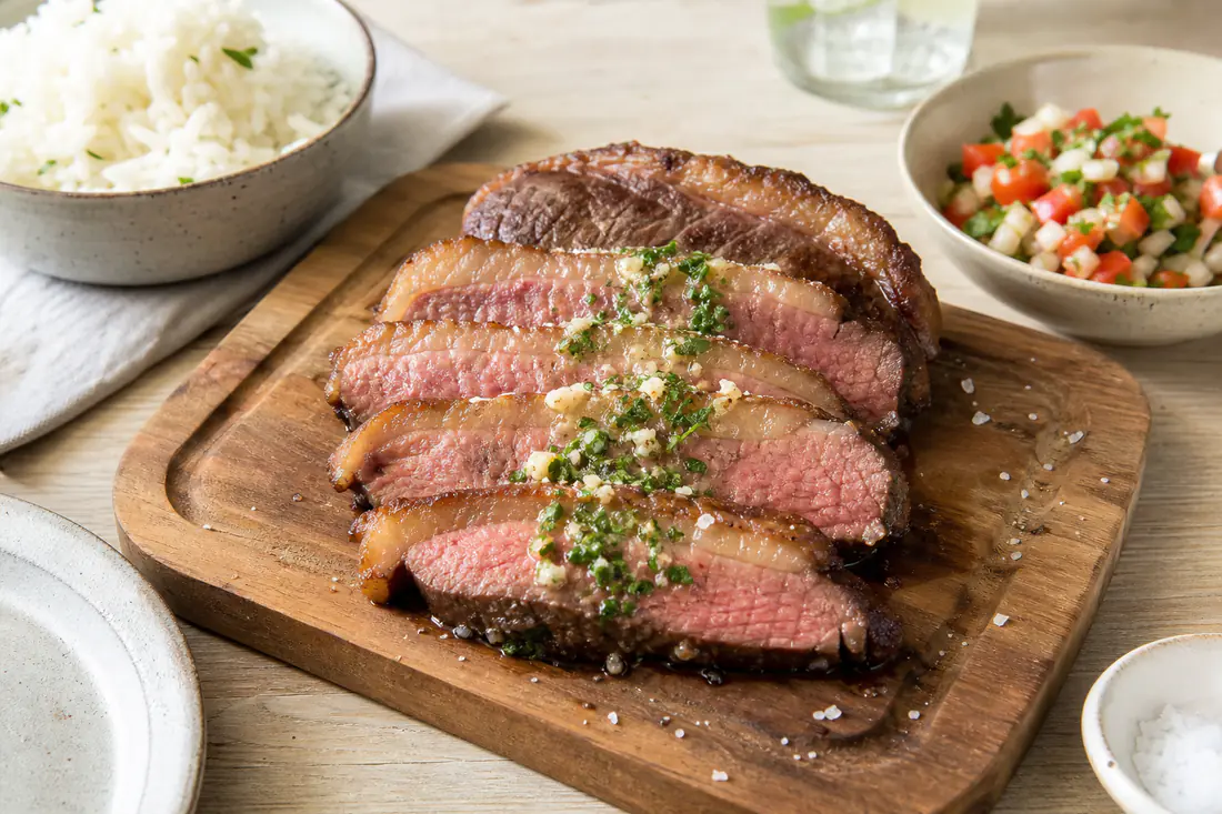 Fatias de picanha grelhada com capa de gordura dourada, centro rosado, sal grosso e manteiga de alho derretida numa tábua de madeira