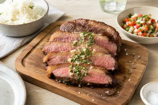 Fatias de picanha grelhada com capa de gordura dourada, centro rosado, sal grosso e manteiga de alho derretida numa tábua de madeira