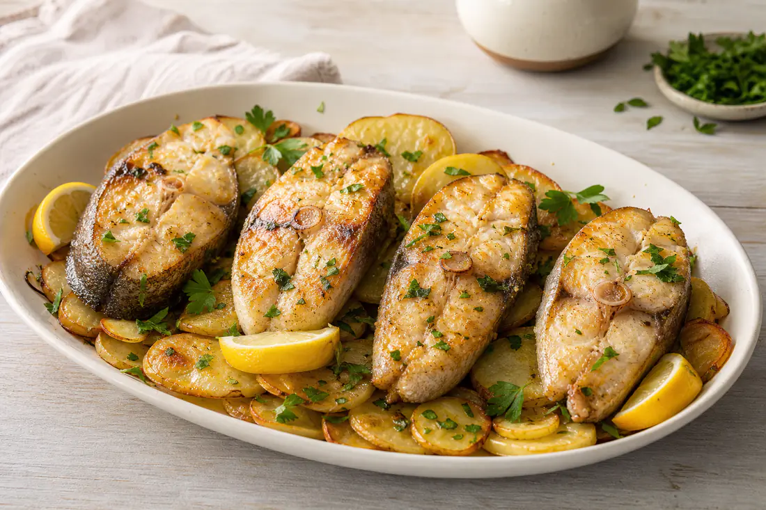 Quatro postas de pescada com pele e espinha central, douradas, sobre rodelas finas de batata assada, com salsa e limão