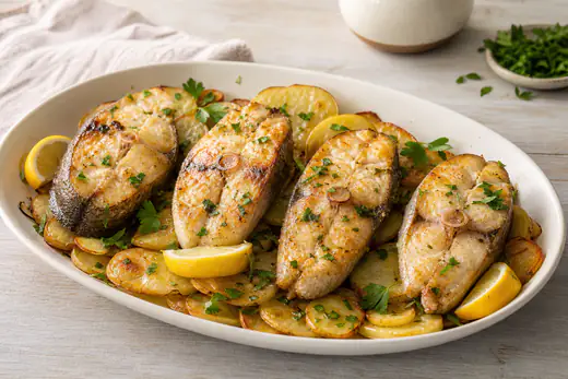 Quatro postas de pescada com pele e espinha central, douradas, sobre rodelas finas de batata assada, com salsa e limão