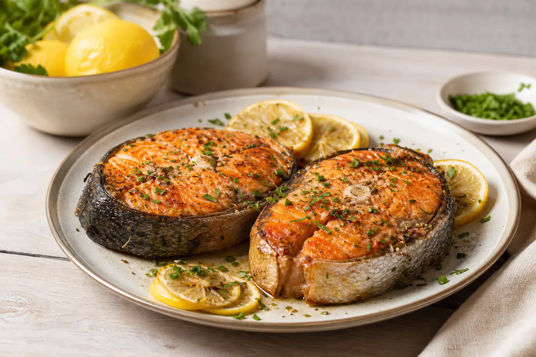 Duas postas de salmão com pele e espinha central, douradas, com rodelas de limão e salsa picada