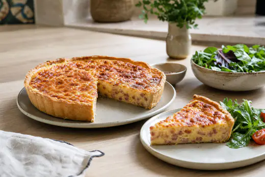Quiche redonda de fiambre e queijo com topo dourado e bordas de massa estaladiça, com uma fatia cortada e uma salada verde ao lado
