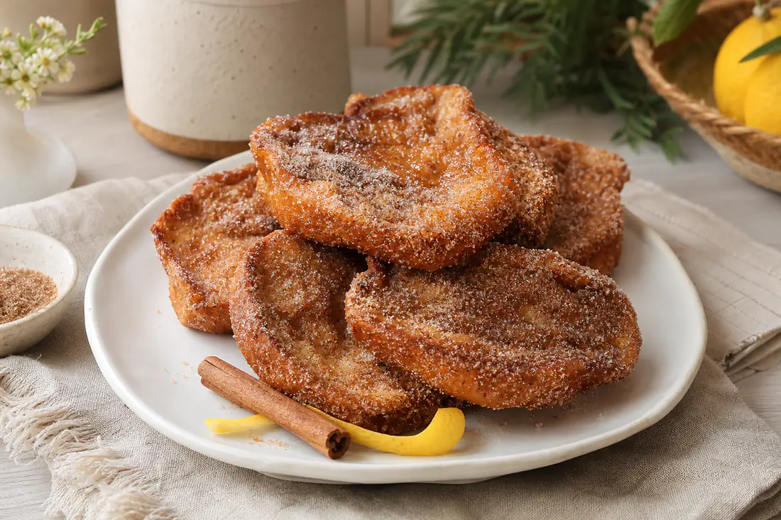 Rabanadas douradas polvilhadas com açúcar e canela, empilhadas num prato branco, com uma casca de limão e um pau de canela ao lado
