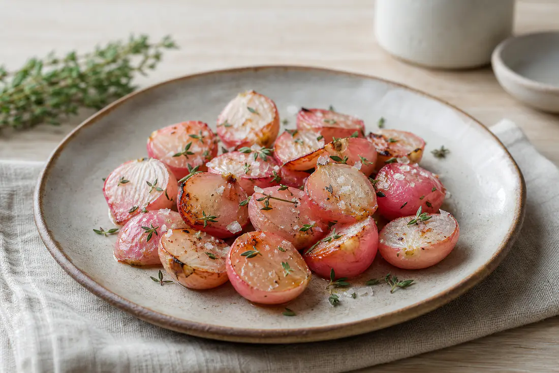 Rabanetes cortados ao meio, assados e rosados, com tomilho e flor de sal, numa travessa de cerâmica