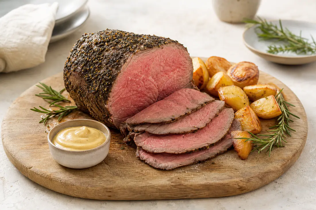 Rosbife cortado em fatias finas e rosadas, com crosta de ervas e pimenta, numa tábua de madeira com mostarda e batatas