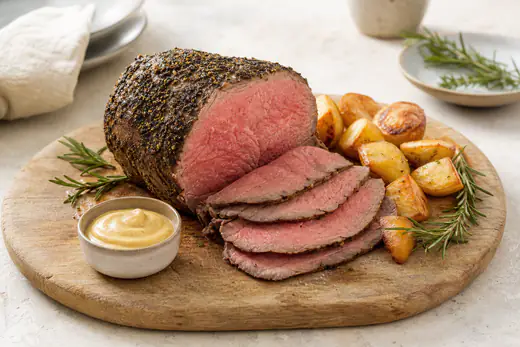Rosbife cortado em fatias finas e rosadas, com crosta de ervas e pimenta, numa tábua de madeira com mostarda e batatas