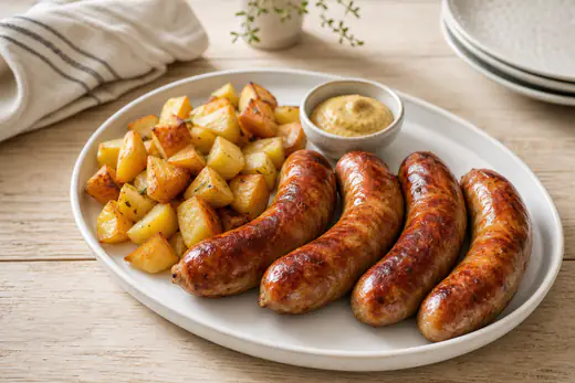 Quatro salsichões assados, dourados e brilhantes, numa travessa com batatas em cubos e um pouco de mostarda ao lado