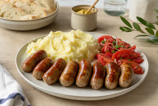 Oito salsichas frescas de porco bem douradas, servidas com puré de batata, mostarda e salada de tomate