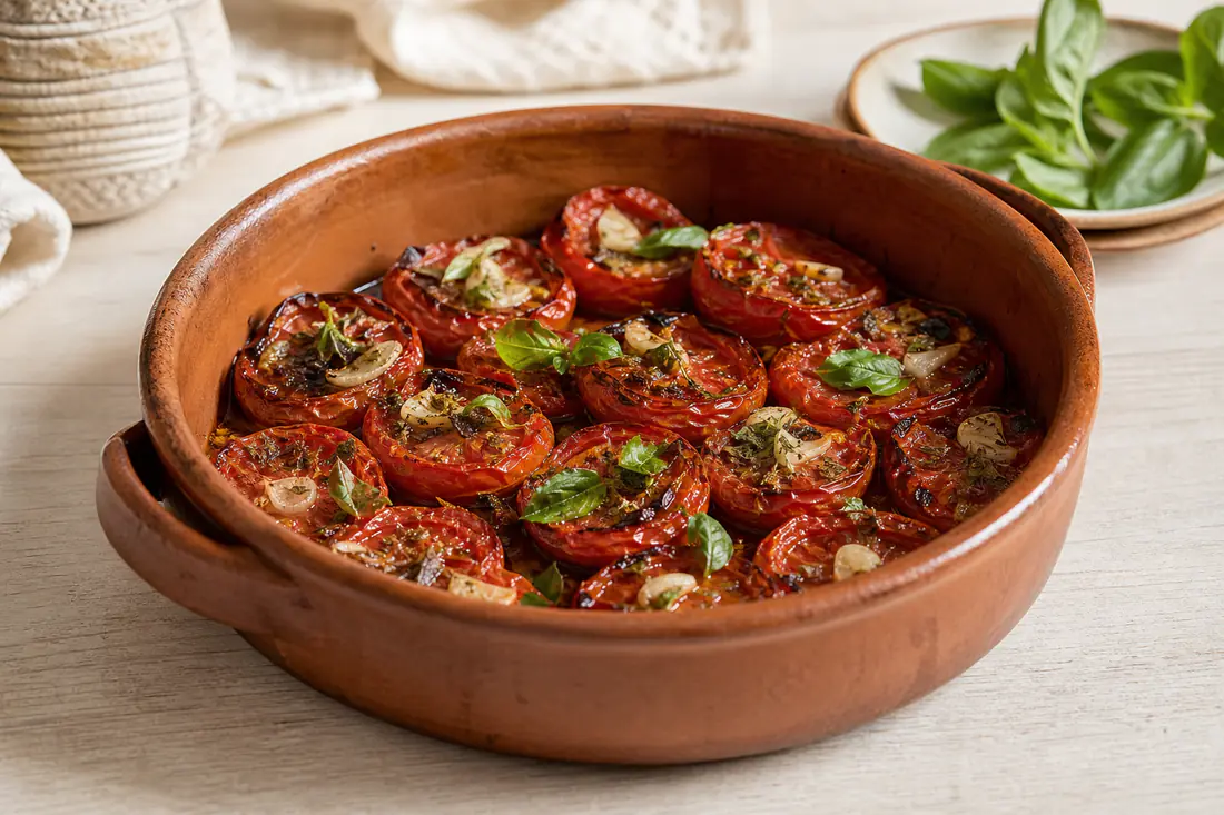 Metades de tomate assado, com bordas ligeiramente tostadas, alho, orégãos e manjericão fresco numa travessa de barro