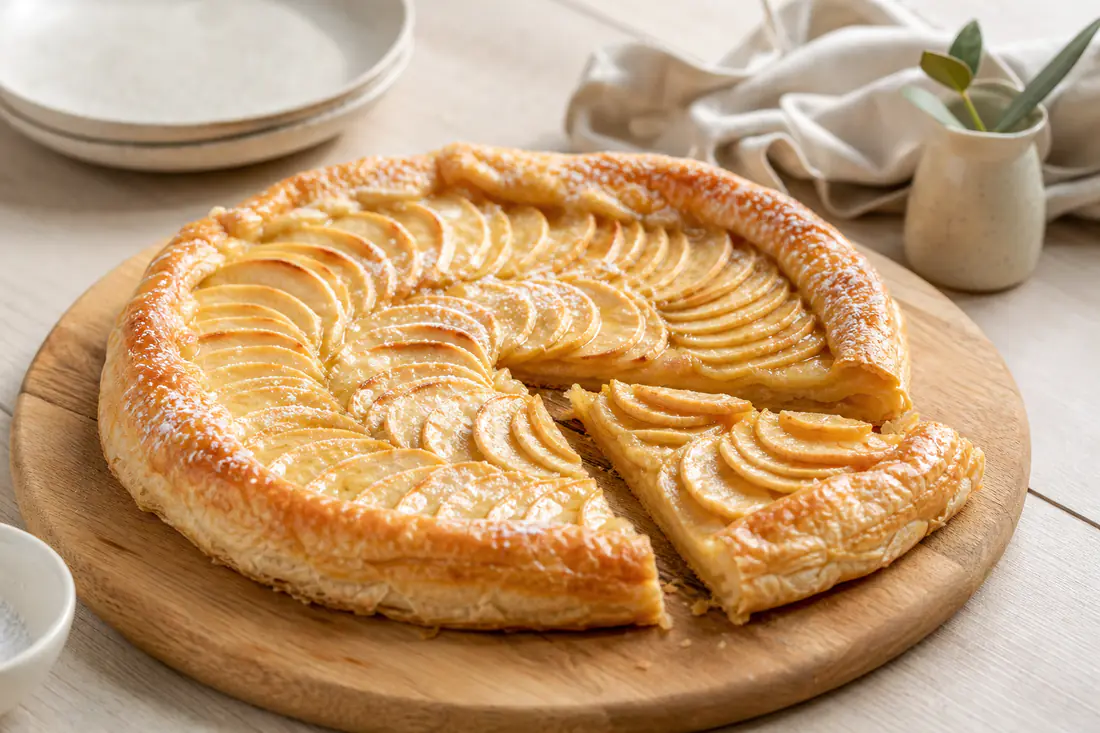 Tarte de maçã redonda com massa folhada dourada e fatias de maçã dispostas em círculo, com uma fatia retirada, sobre uma tábua
